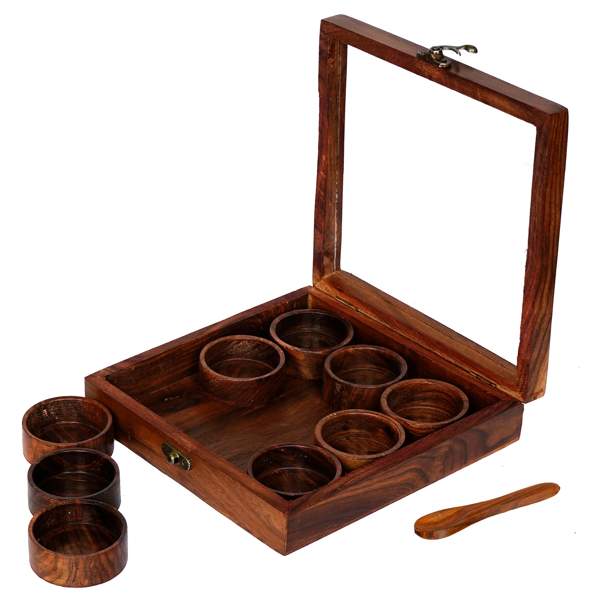 Brown 9 Round Compartments Handcrafted Wooden Spice Box 6