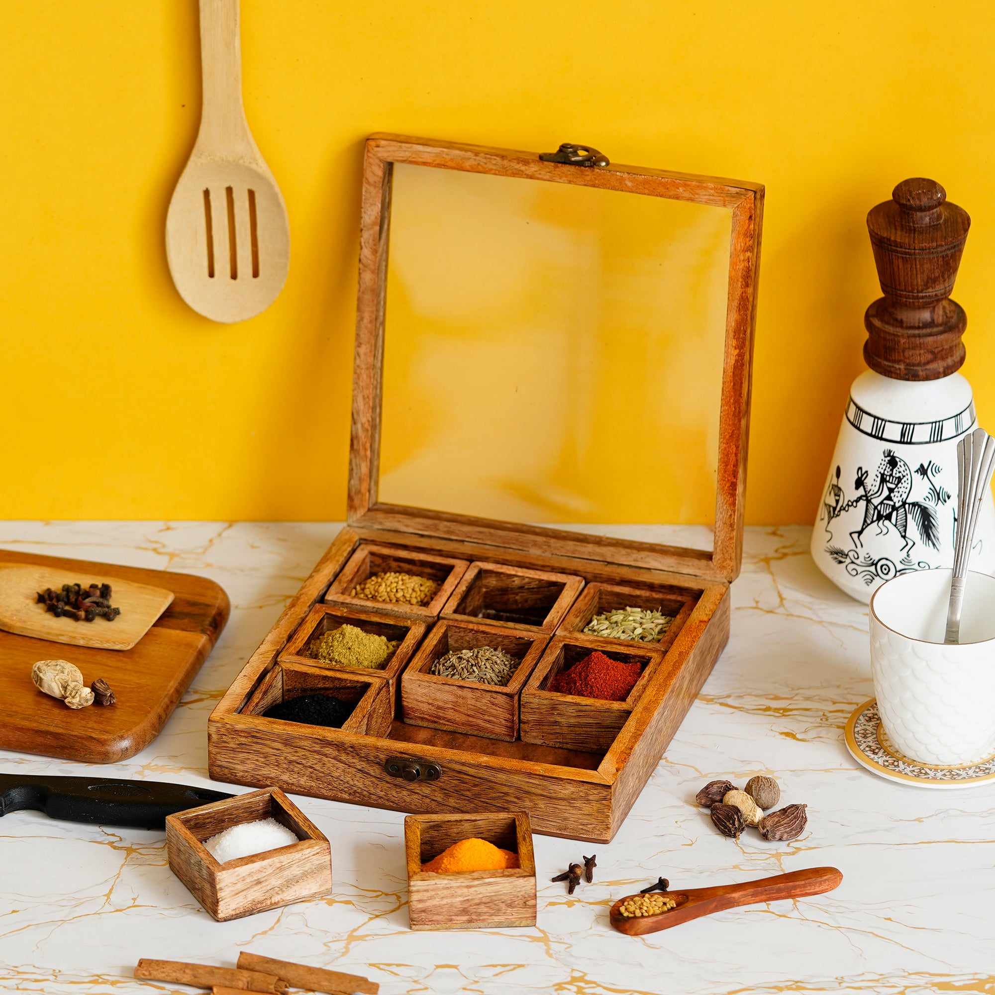 Brown 9 Compartments Square Handcrafted Wooden Spice Box 1
