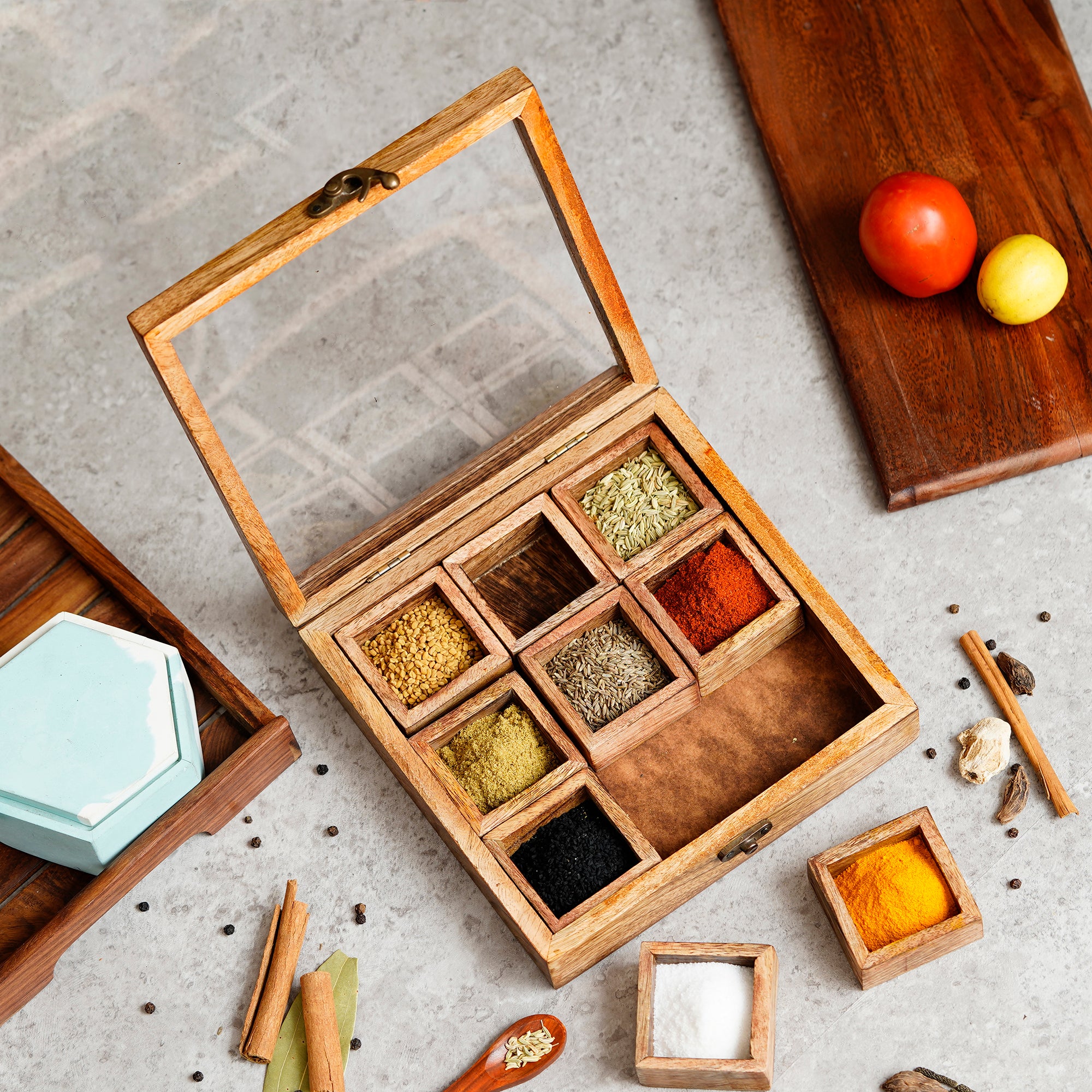 Brown 9 Compartments Square Handcrafted Wooden Spice Box