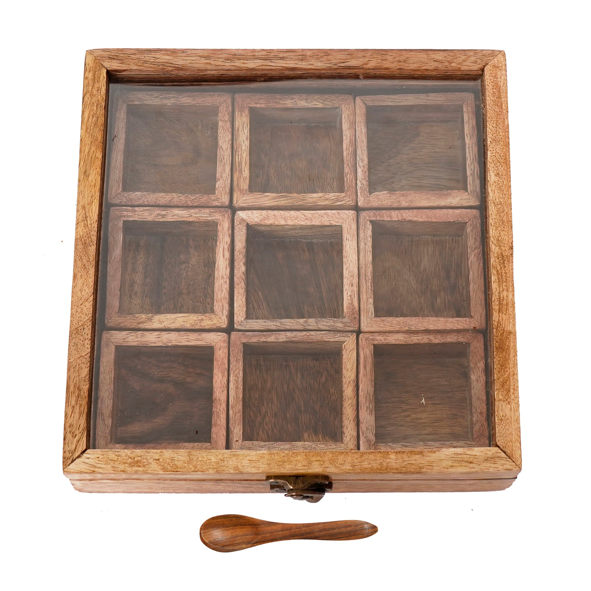 Brown 9 Compartments Square Handcrafted Wooden Spice Box 2