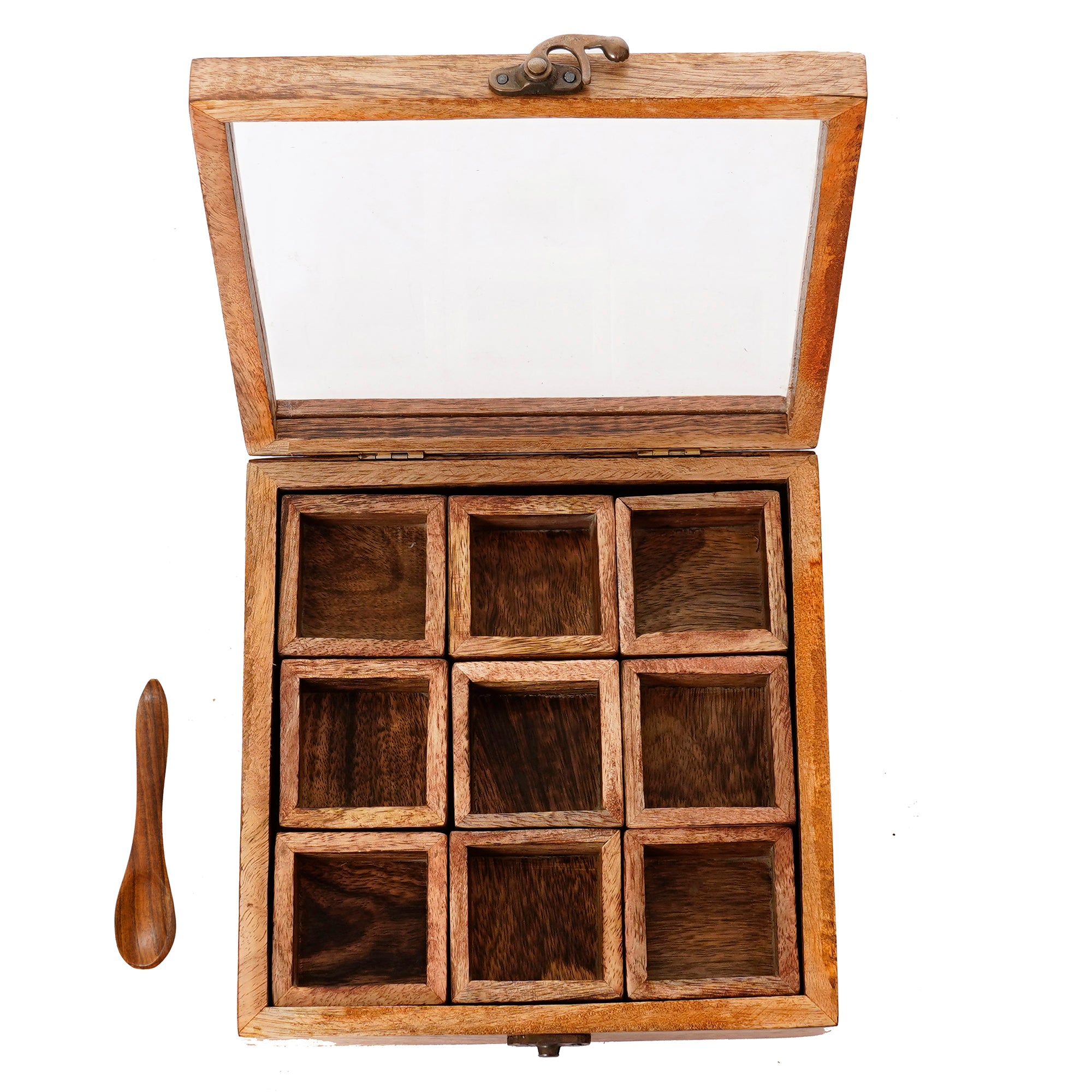 Brown 9 Compartments Square Handcrafted Wooden Spice Box 4