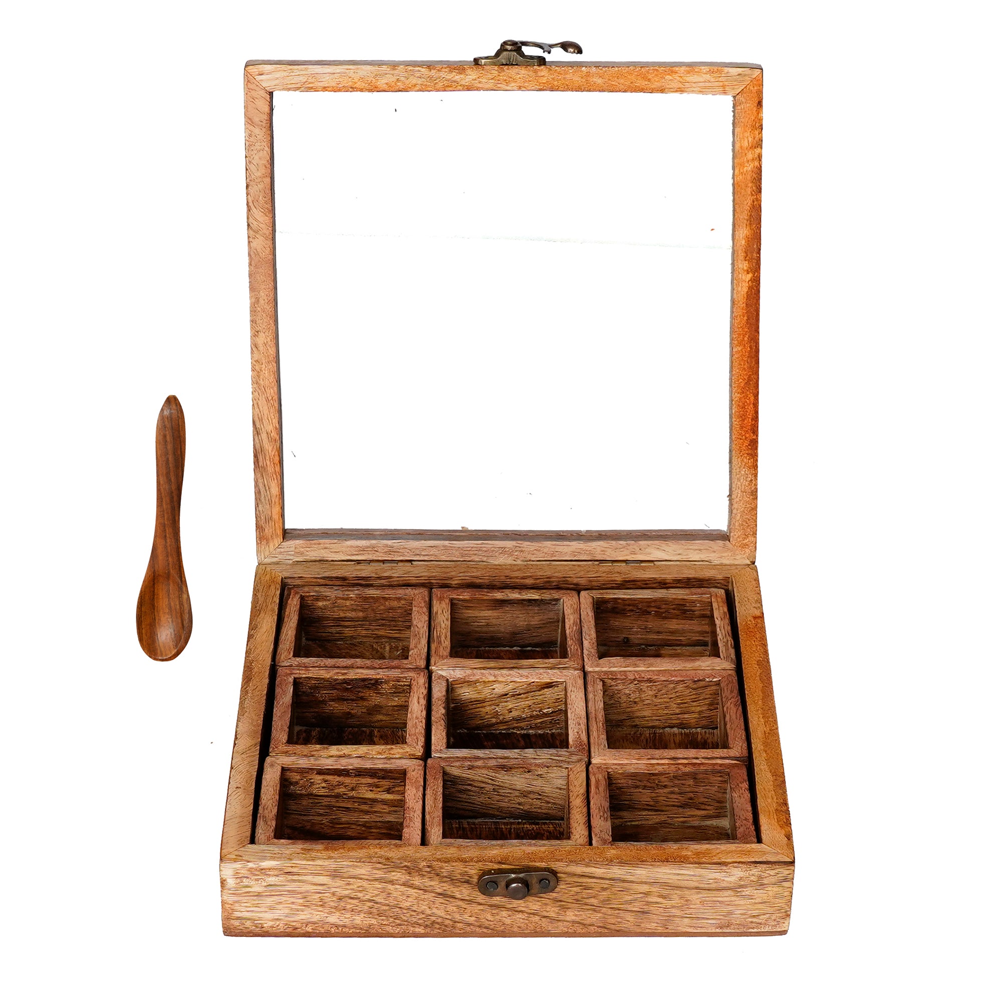 Brown 9 Compartments Square Handcrafted Wooden Spice Box 5