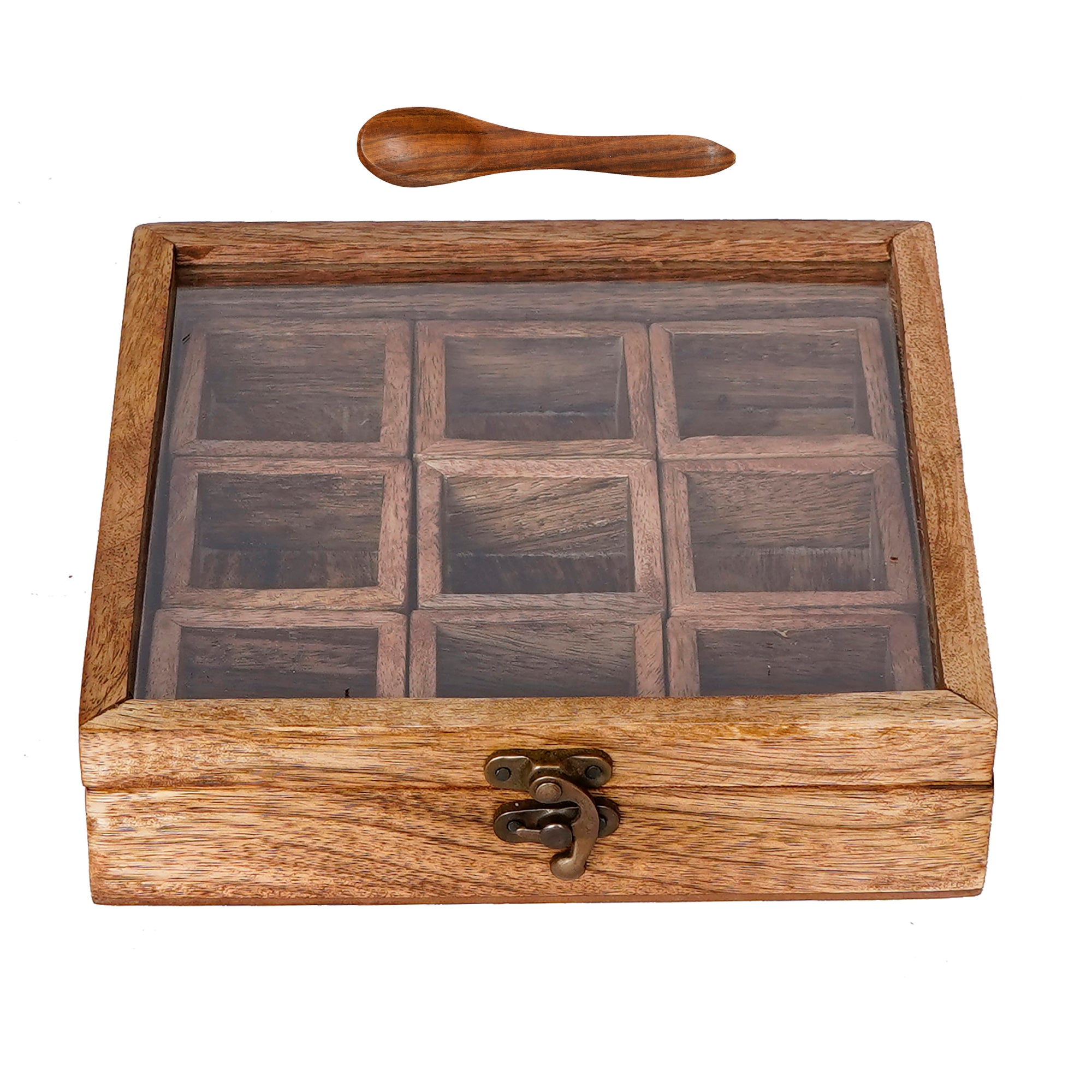 Brown 9 Compartments Square Handcrafted Wooden Spice Box 6