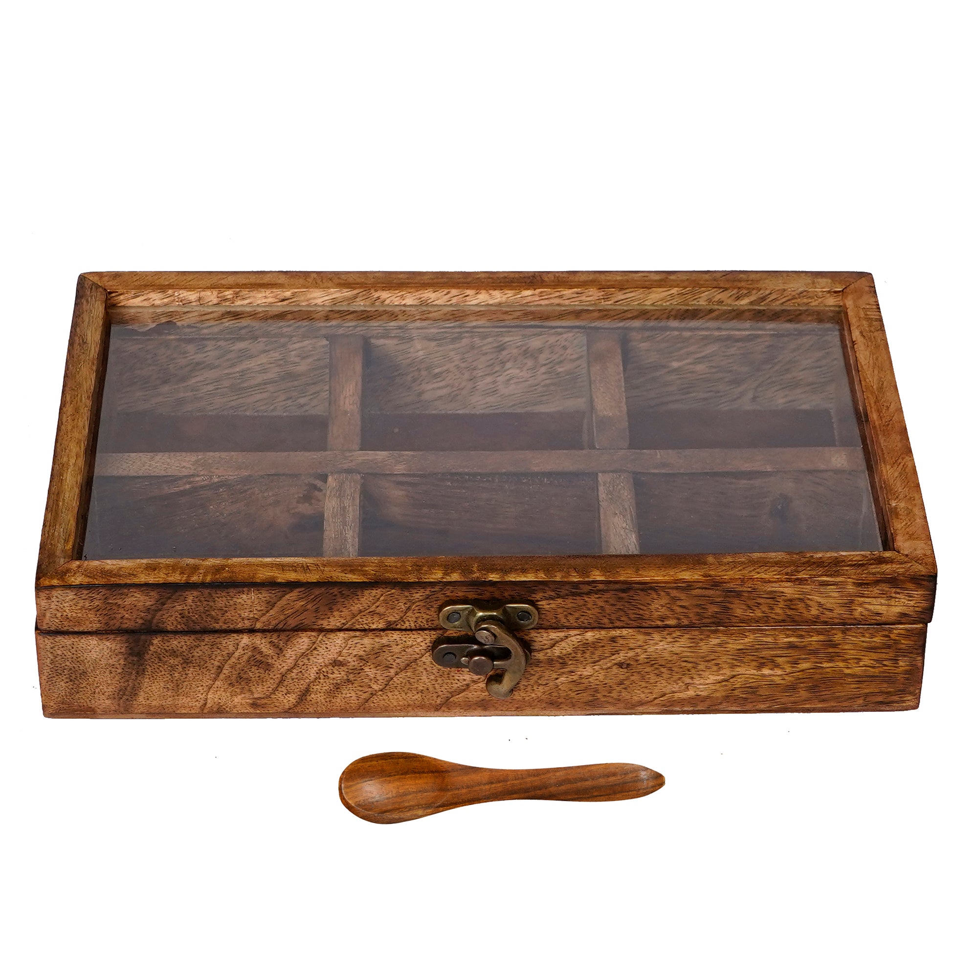 Brown 6 Compartments Rectangle Handcrafted Wooden Spice Box 4