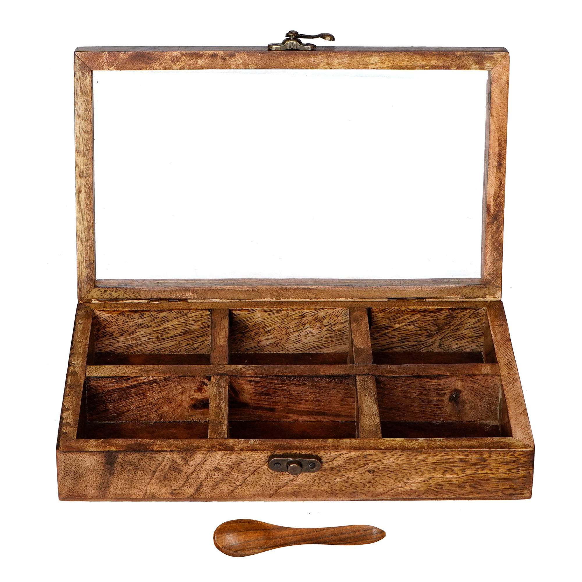 Brown 6 Compartments Rectangle Handcrafted Wooden Spice Box 6