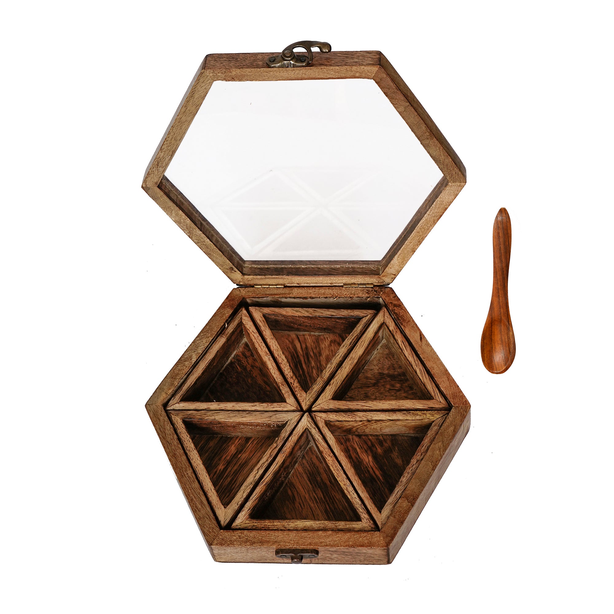 Brown 6 Triangle Compartments Handcrafted Wooden Spice Box 4