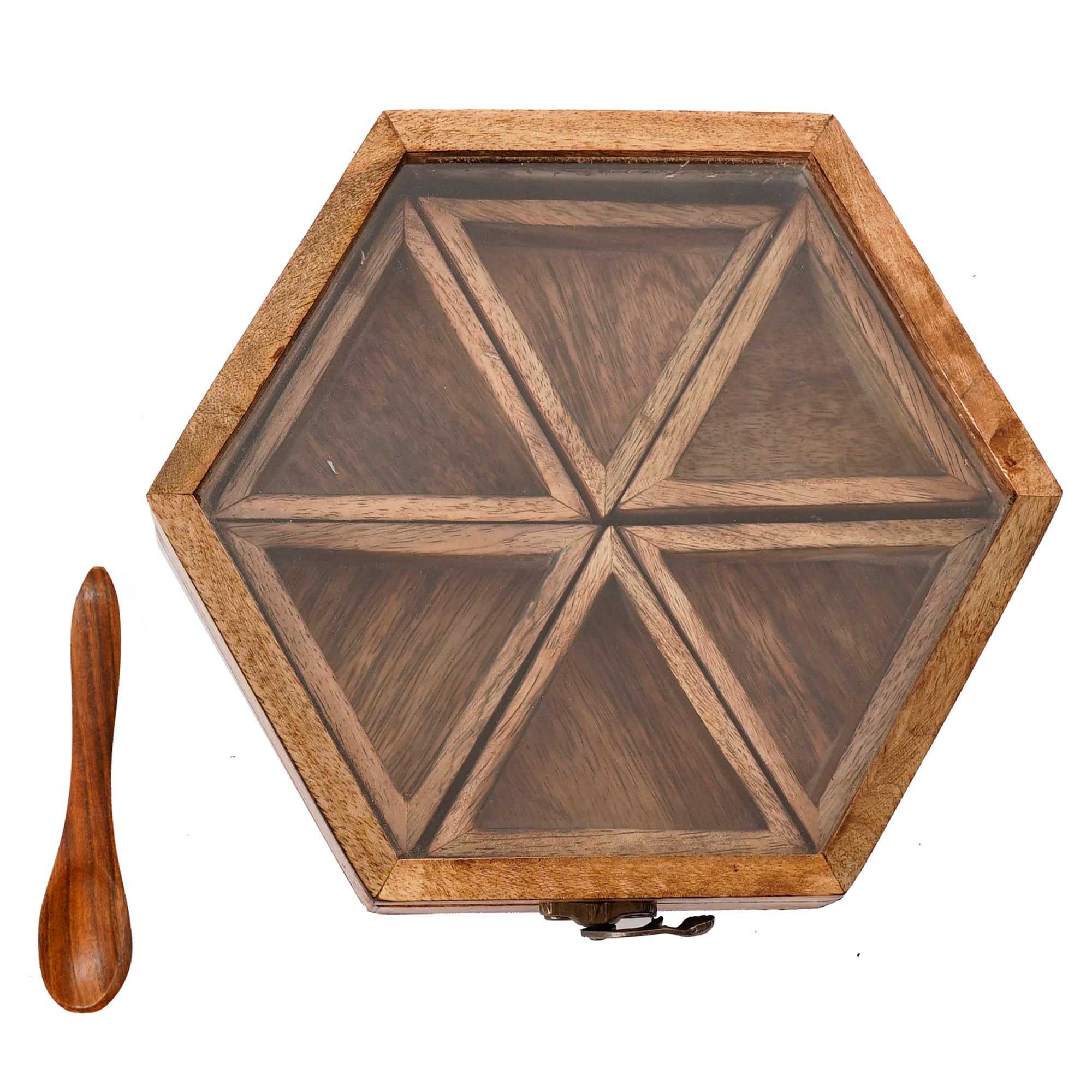 Brown 6 Triangle Compartments Handcrafted Wooden Spice Box 5