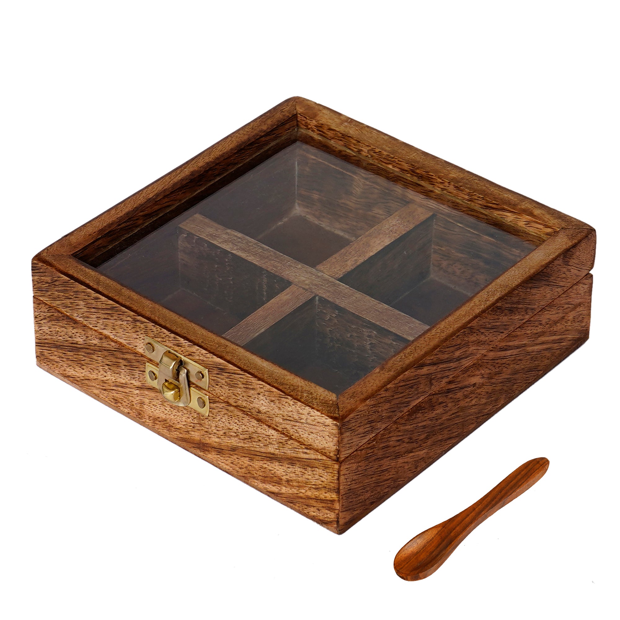 Brown 4 Compartments Square Handcrafted Wooden Spice Box 2