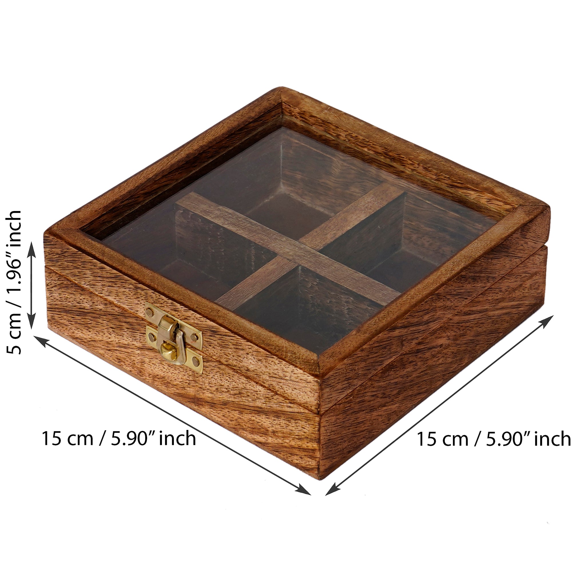 Brown 4 Compartments Square Handcrafted Wooden Spice Box 3