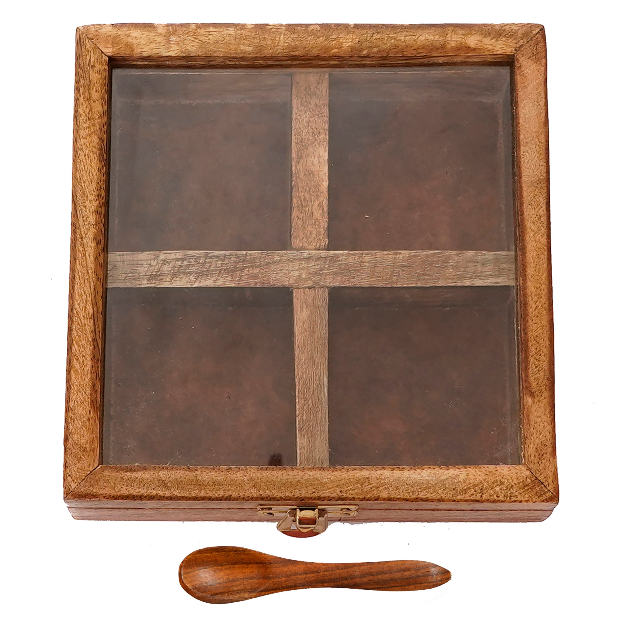 Brown 4 Compartments Square Handcrafted Wooden Spice Box 4