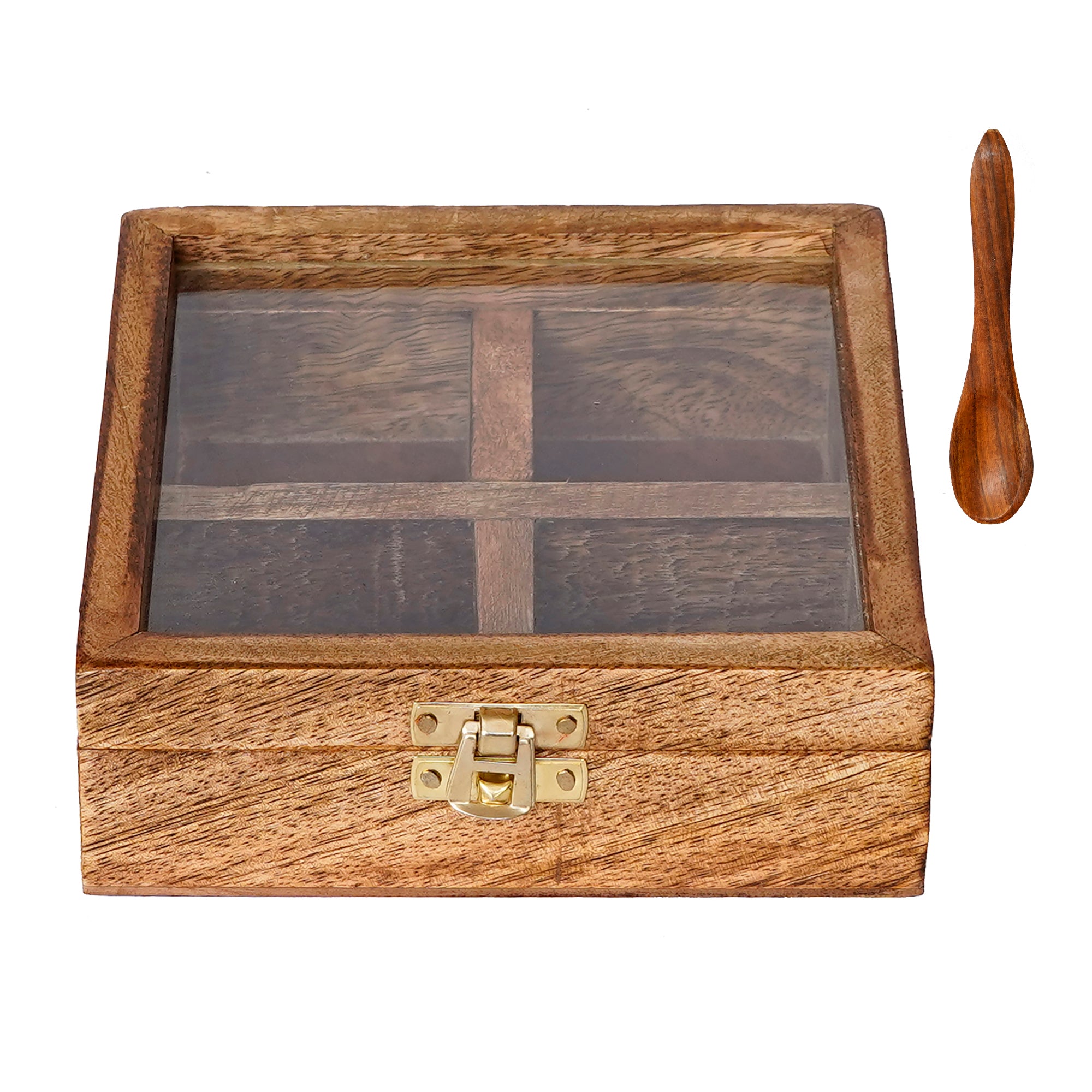 Brown 4 Compartments Square Handcrafted Wooden Spice Box 5
