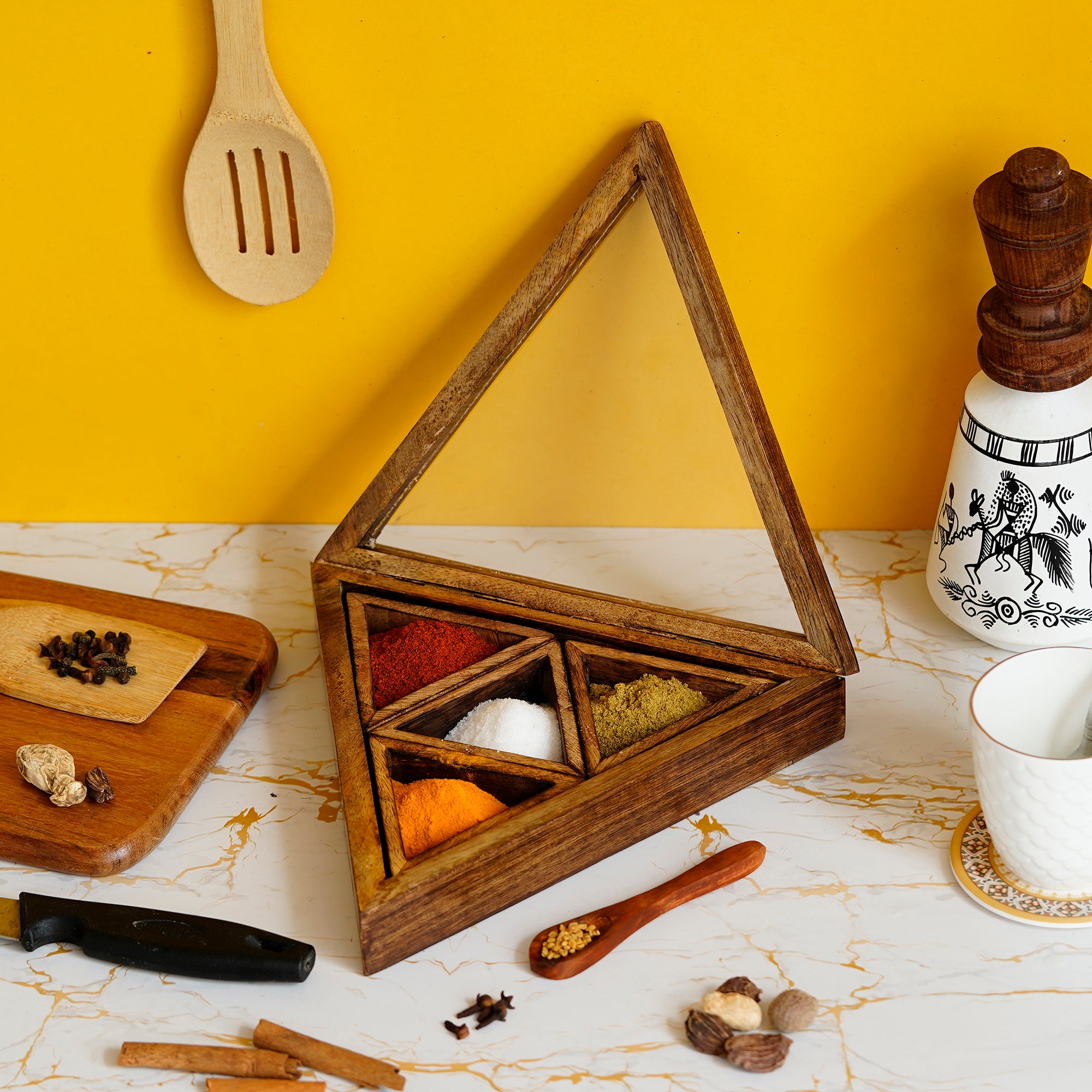 Brown 4 Triangle Compartments Handcrafted Wooden Spice Box 1