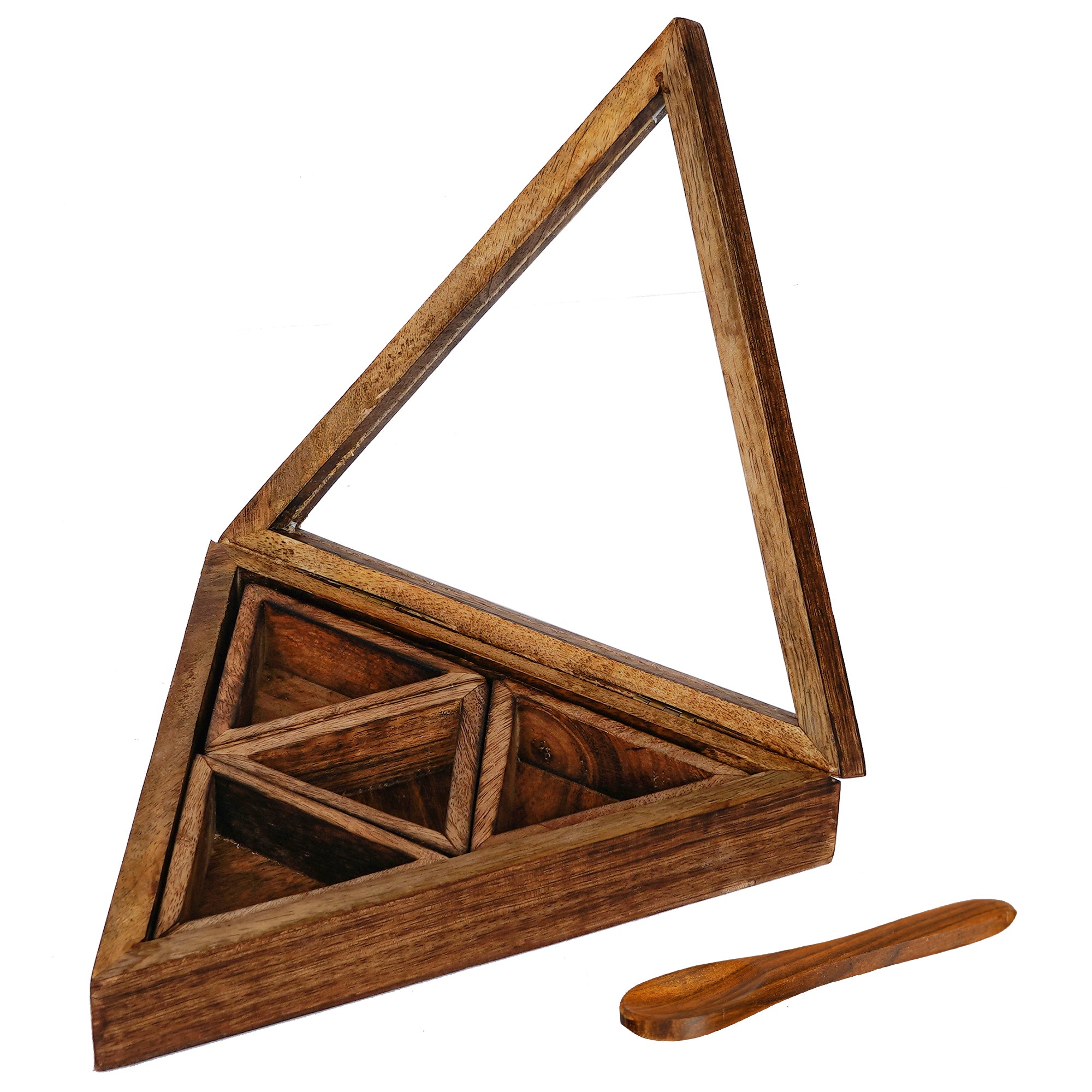 Brown 4 Triangle Compartments Handcrafted Wooden Spice Box 5