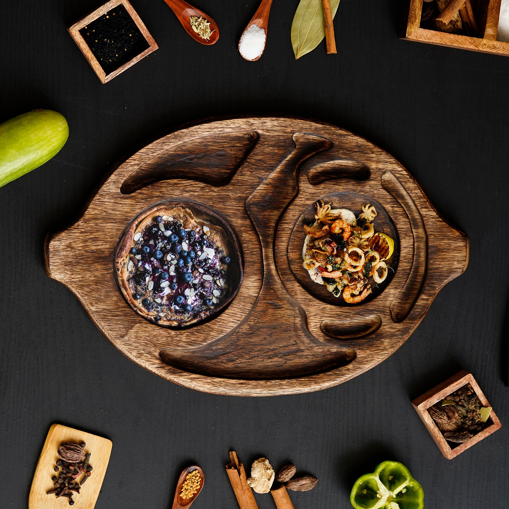 Brown Oval Wooden Food Serving Platter with Handle 1