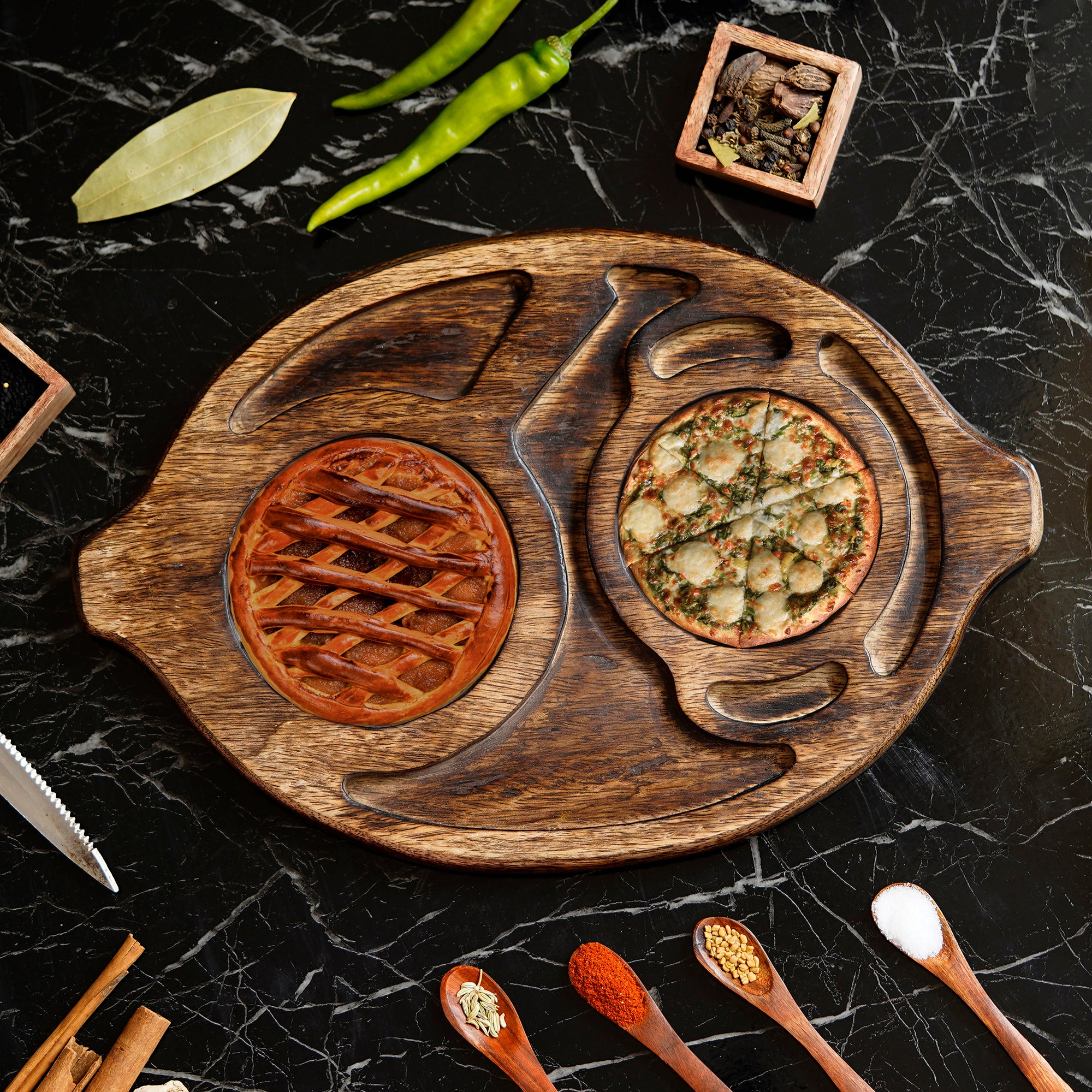 Brown Oval Wooden Food Serving Platter with Handle