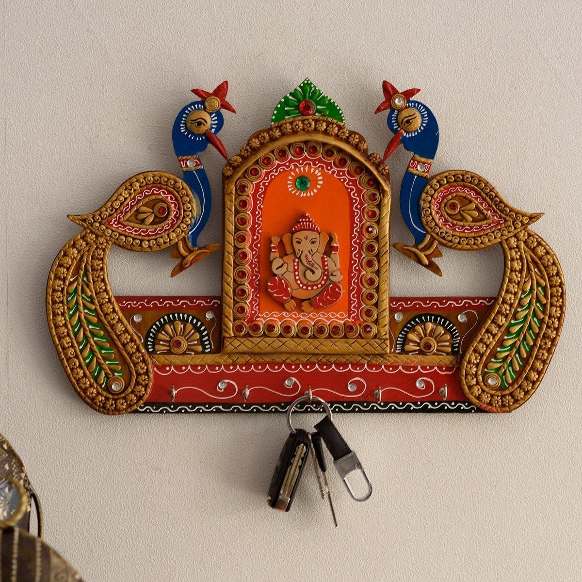 Lord Ganesha and Peacock Papier-Mache Wooden Keyholder
