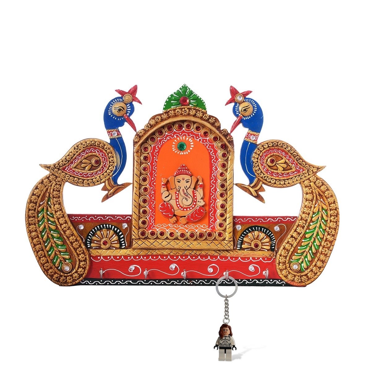 Lord Ganesha and Peacock Papier-Mache Wooden Keyholder 1