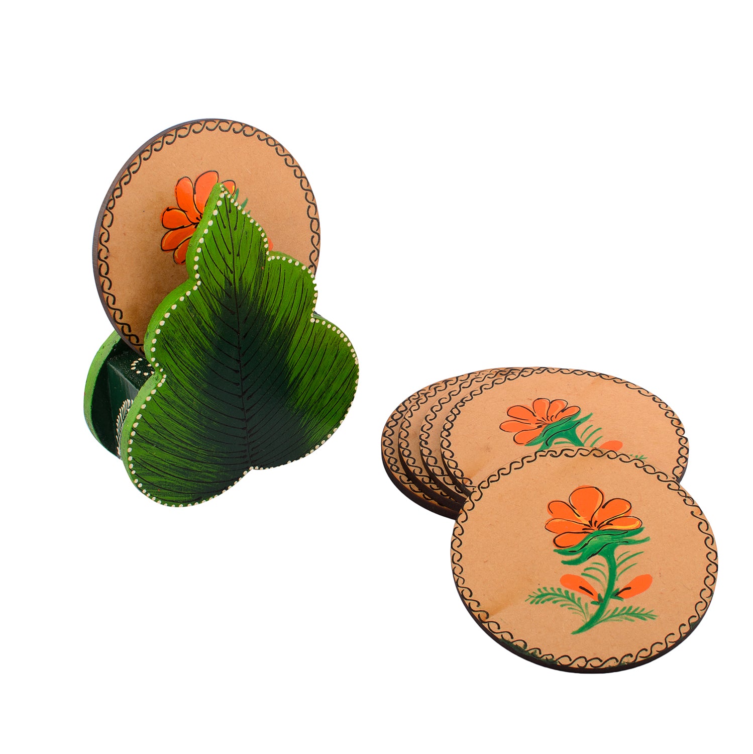 Floral Design Wooden Tea Coasters(Set of 6)
