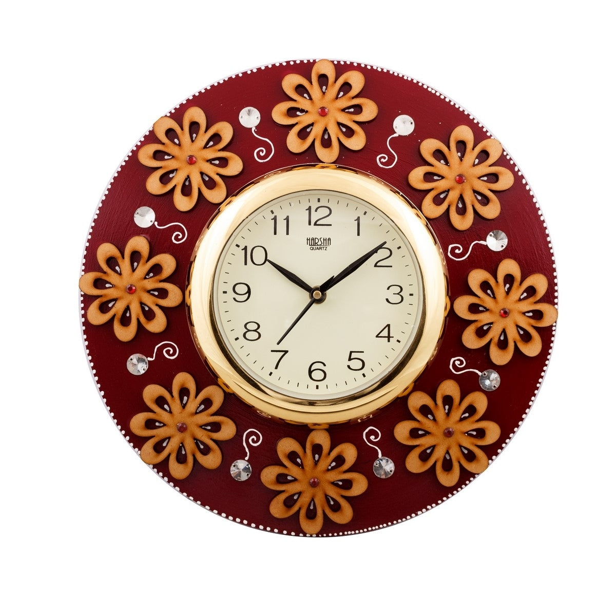 Golden Flowers Fine Crafted Papier-Mache Wooden Handcrafted Wall Clock