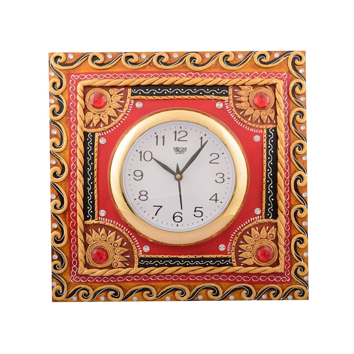 Wooden Papier Mache Red Stone Studded Artistic Handcrafted Wall Clock