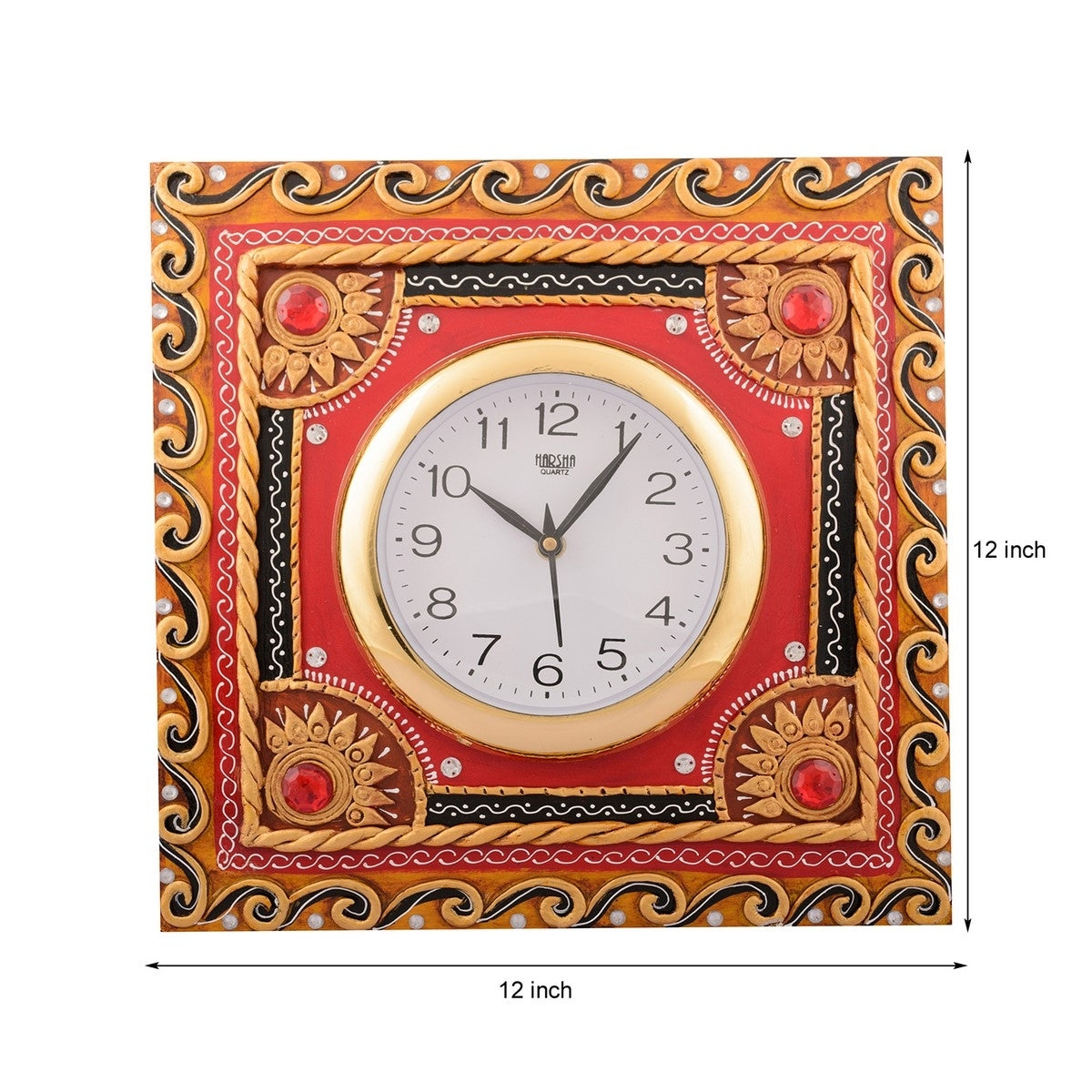 Wooden Papier Mache Red Stone Studded Artistic Handcrafted Wall Clock 2