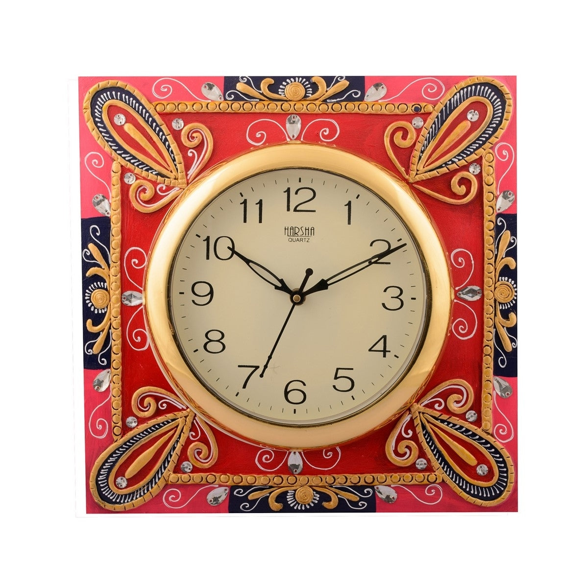 Artistic Handicrafted Square Shape Wooden Papier Mache Designer Wall Clock