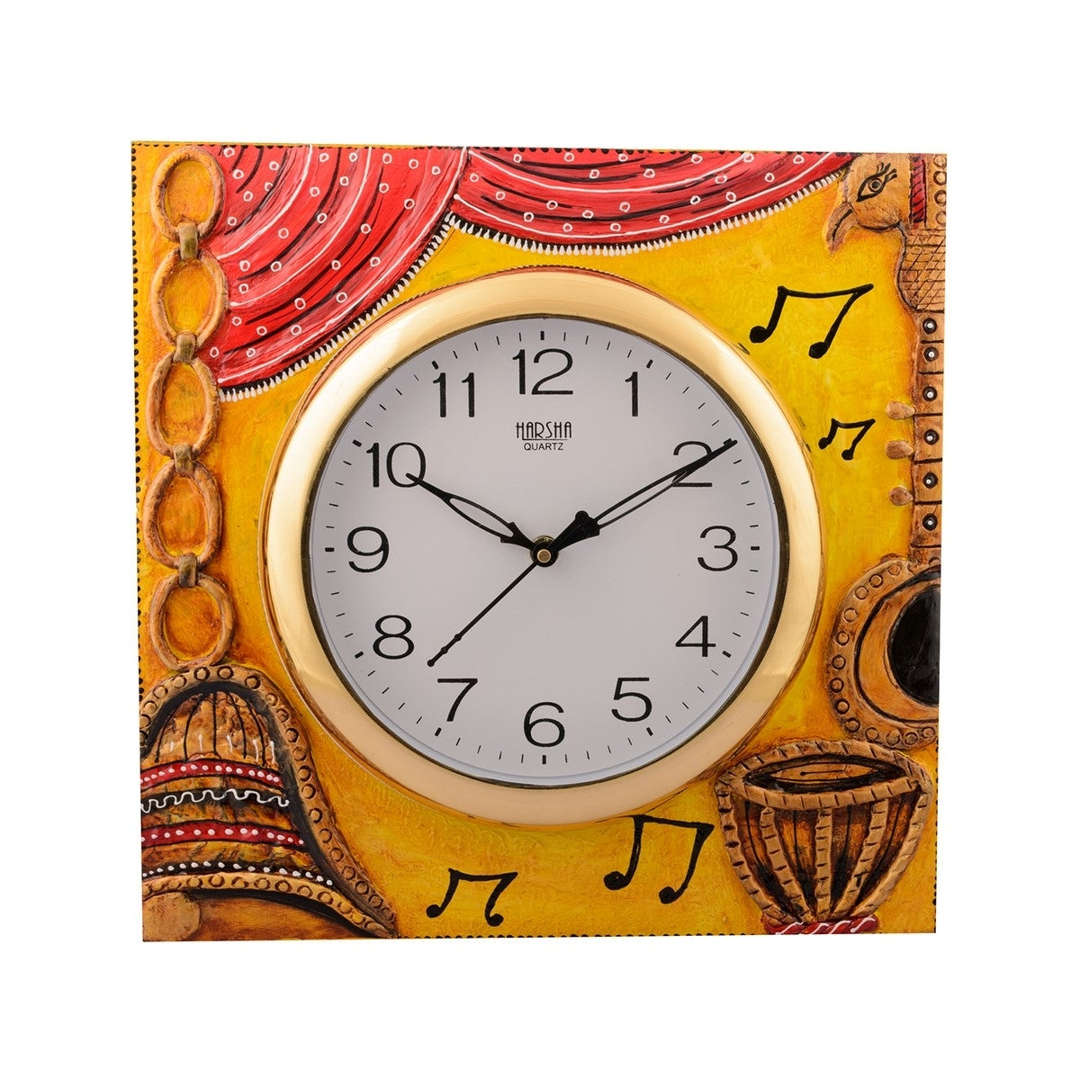 Artistic Handicrafted Square Shape Musical Instrument Designer Wooden Wall Clock