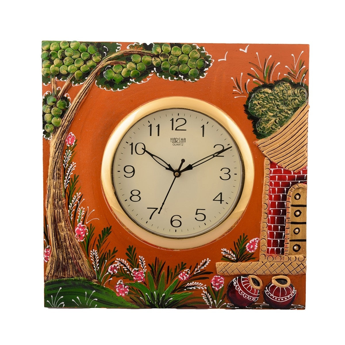 Wooden Papier Mache Garden View Artistic Handcrafted Wall Clock