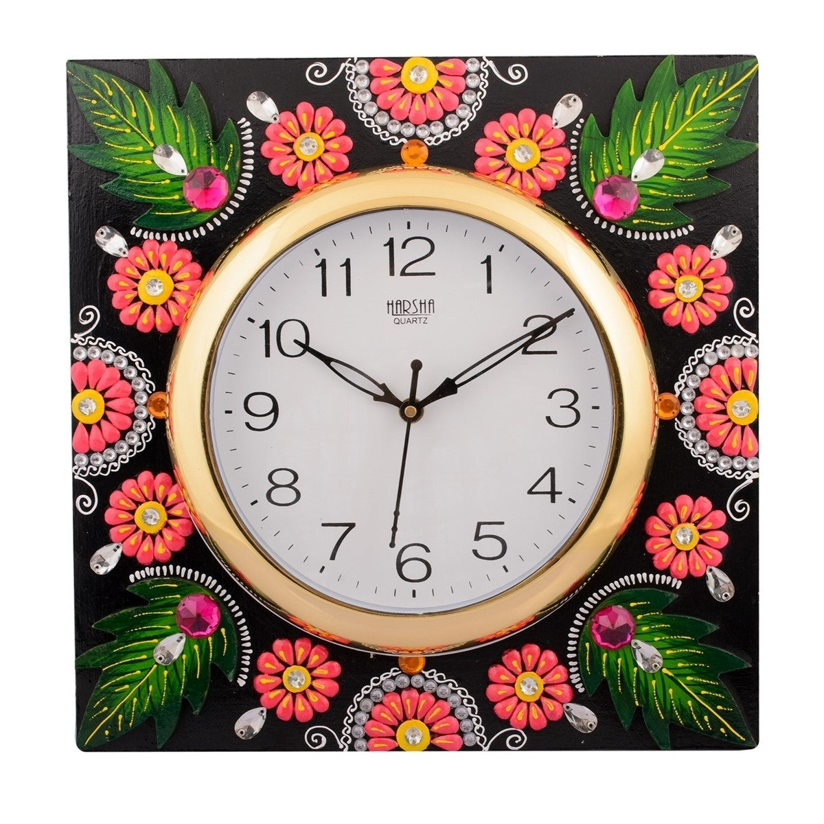 Wooden Papier Mache Florid Leaf Design Handcrafted Wall Clock