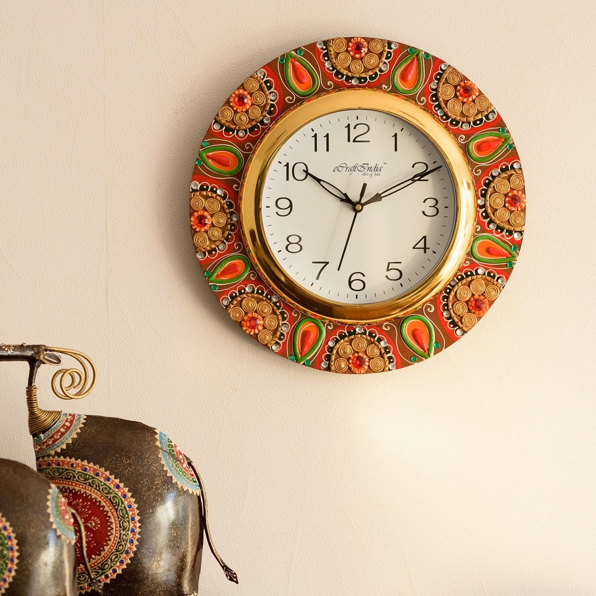 Crystal Studded Embellish Handicrafted Round Shape Papier-Mache Wooden Wall Clock 1