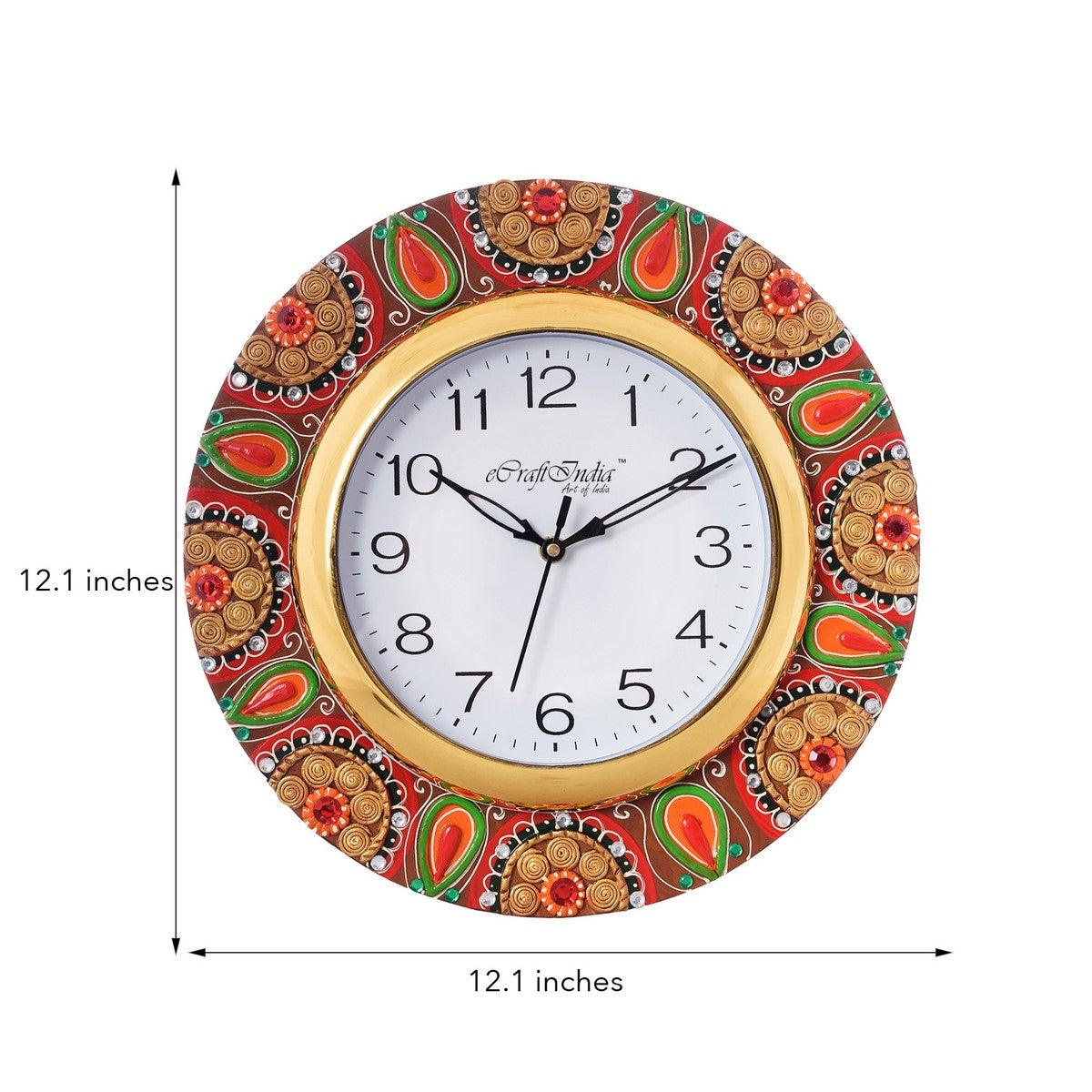 Crystal Studded Embellish Handicrafted Round Shape Papier-Mache Wooden Wall Clock 2