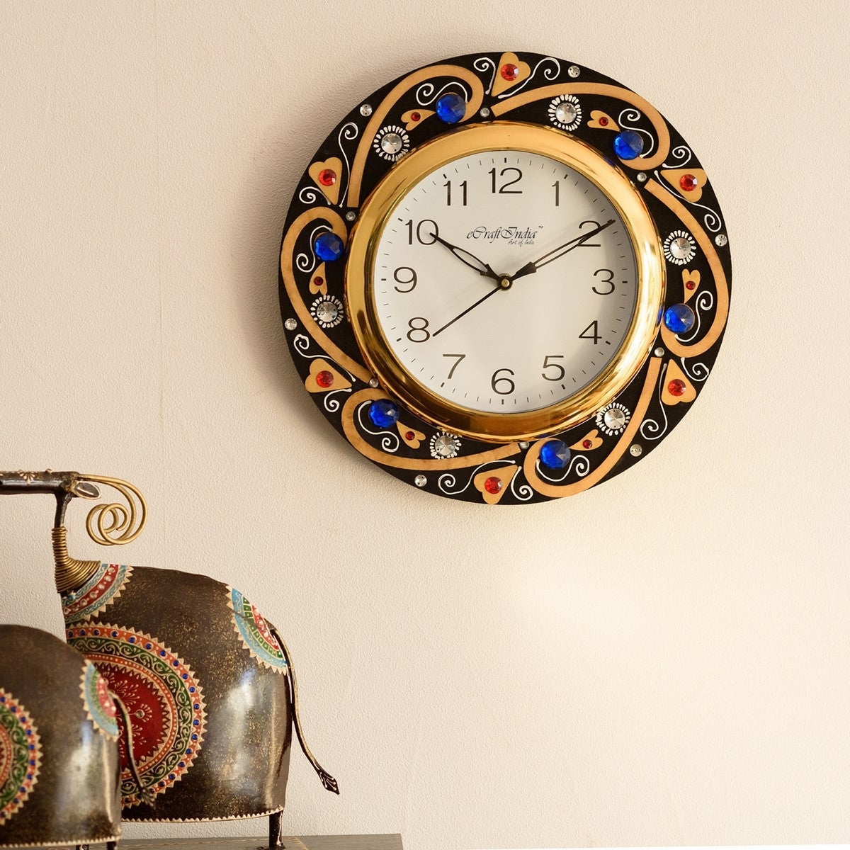 Crystal Studded Decorative Handicrafted Round Shape Papier-Mache Wooden Wall Clock 1