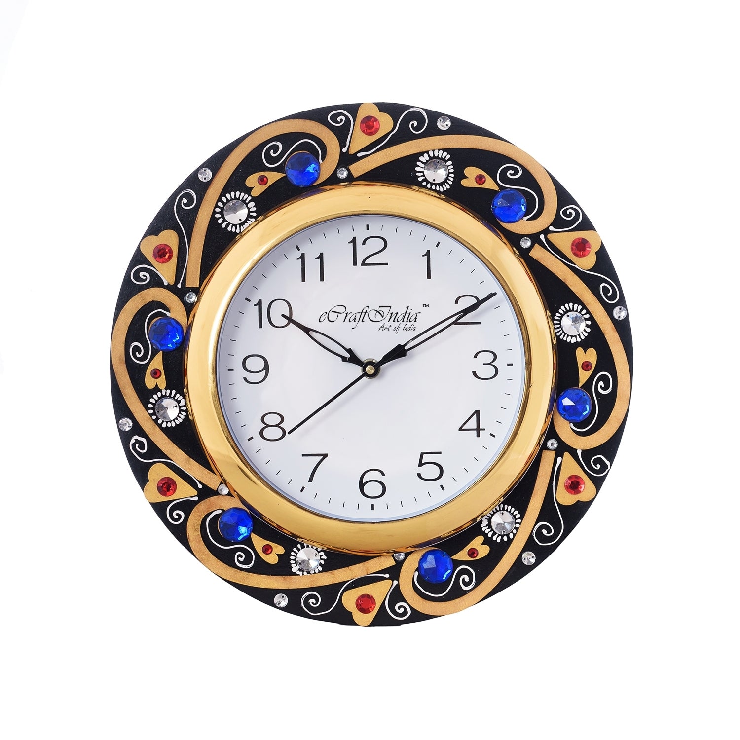 Crystal Studded Decorative Handicrafted Round Shape Papier-Mache Wooden Wall Clock