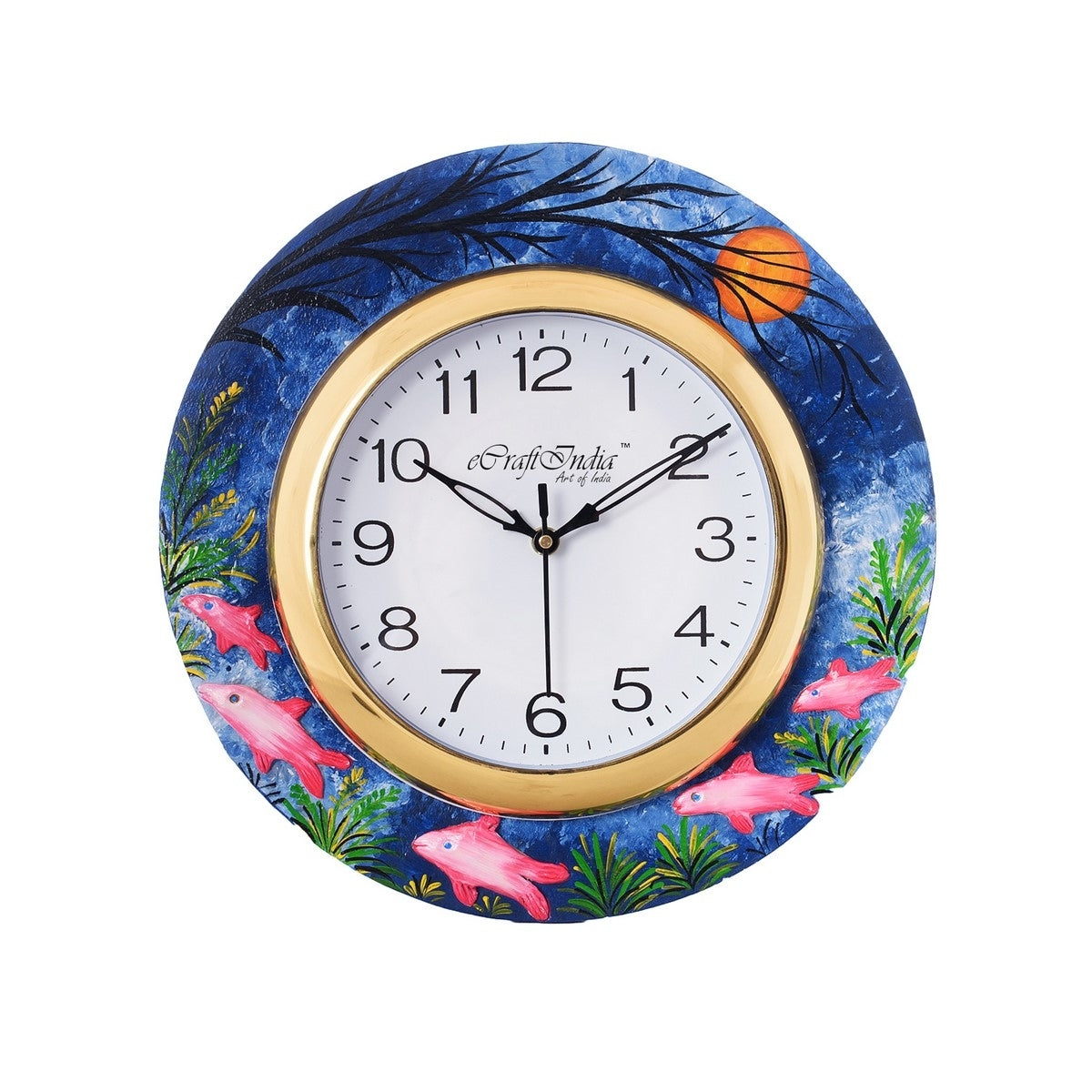 Underwater Life View with Embossed Fishes Wooden Handcrafted Wall Clock