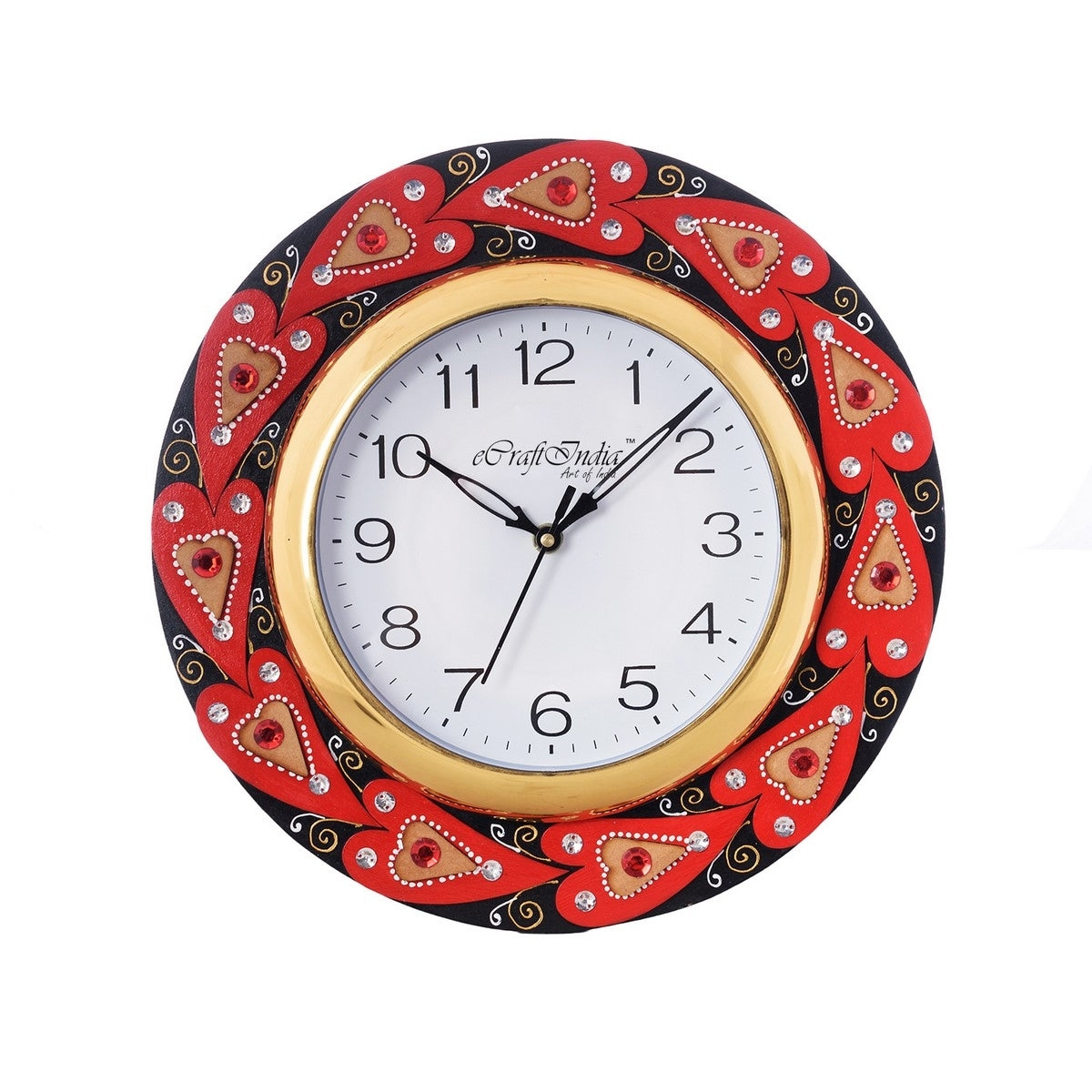 Creative Crystal studded Red Hearts Wooden Handcrafted Wall Clock