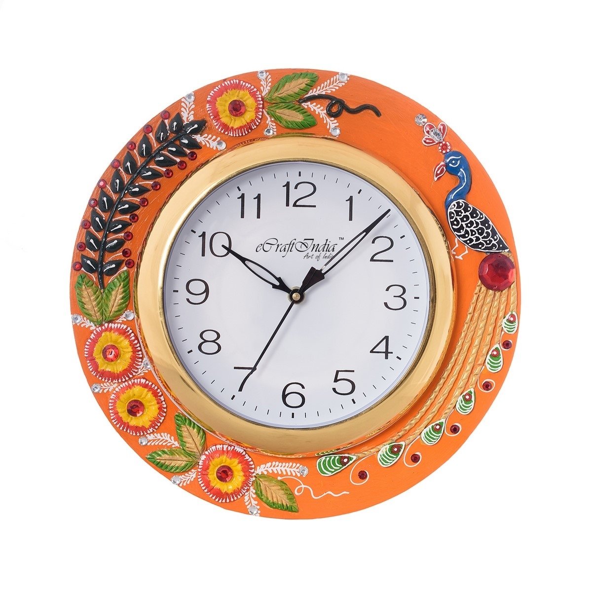 Embossed Peacock and Flowers Papier-Mache Wooden Handcrafted Wall Clock