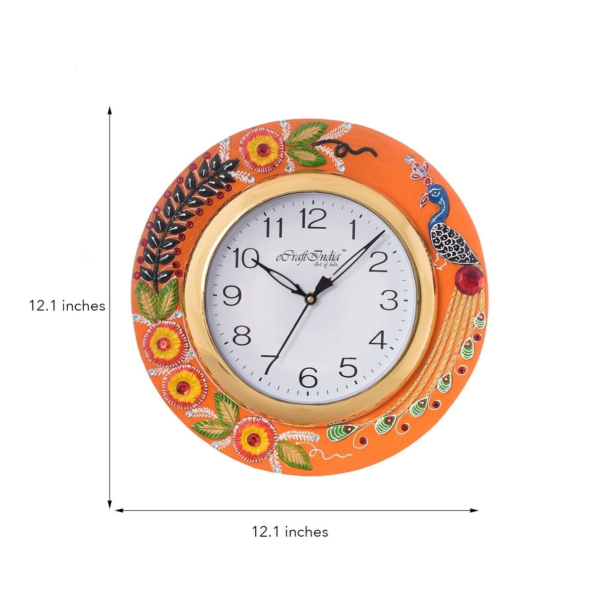 Embossed Peacock and Flowers Papier-Mache Wooden Handcrafted Wall Clock 2