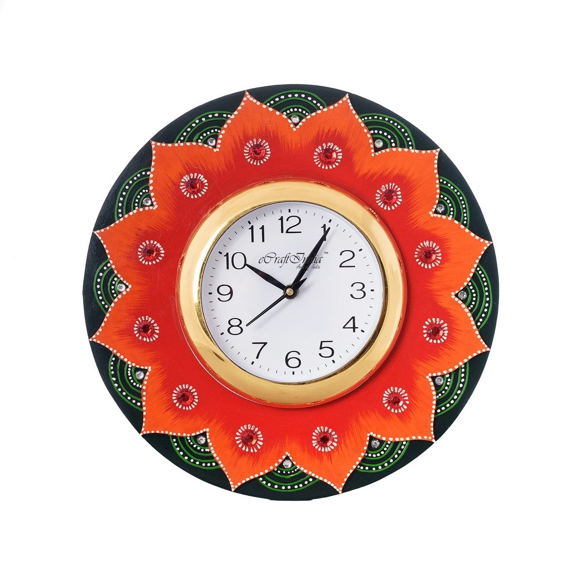 Crystal Studded Floral Shape Wooden Handcrafted Wall Clock