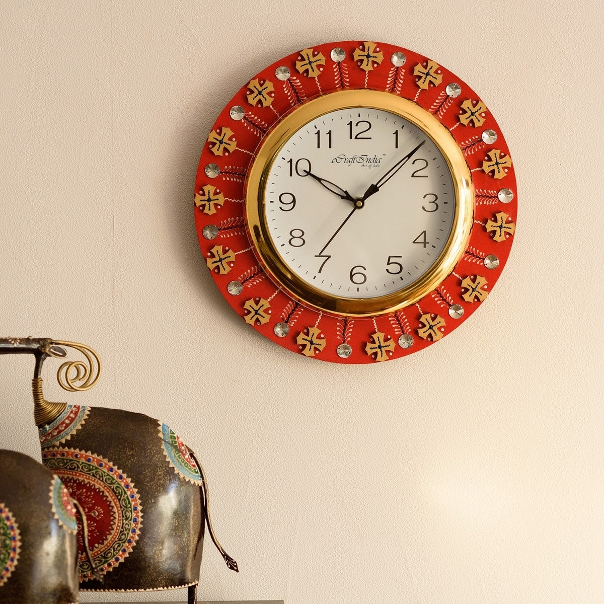 Crystal and Geometric Blocks Studded Red Wooden Handcrafted Wall Clock 1
