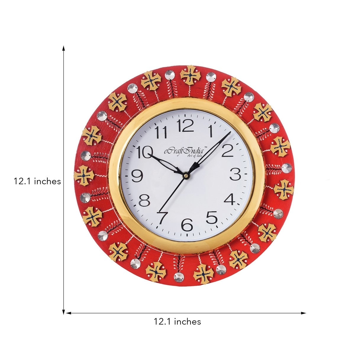 Crystal and Geometric Blocks Studded Red Wooden Handcrafted Wall Clock 2