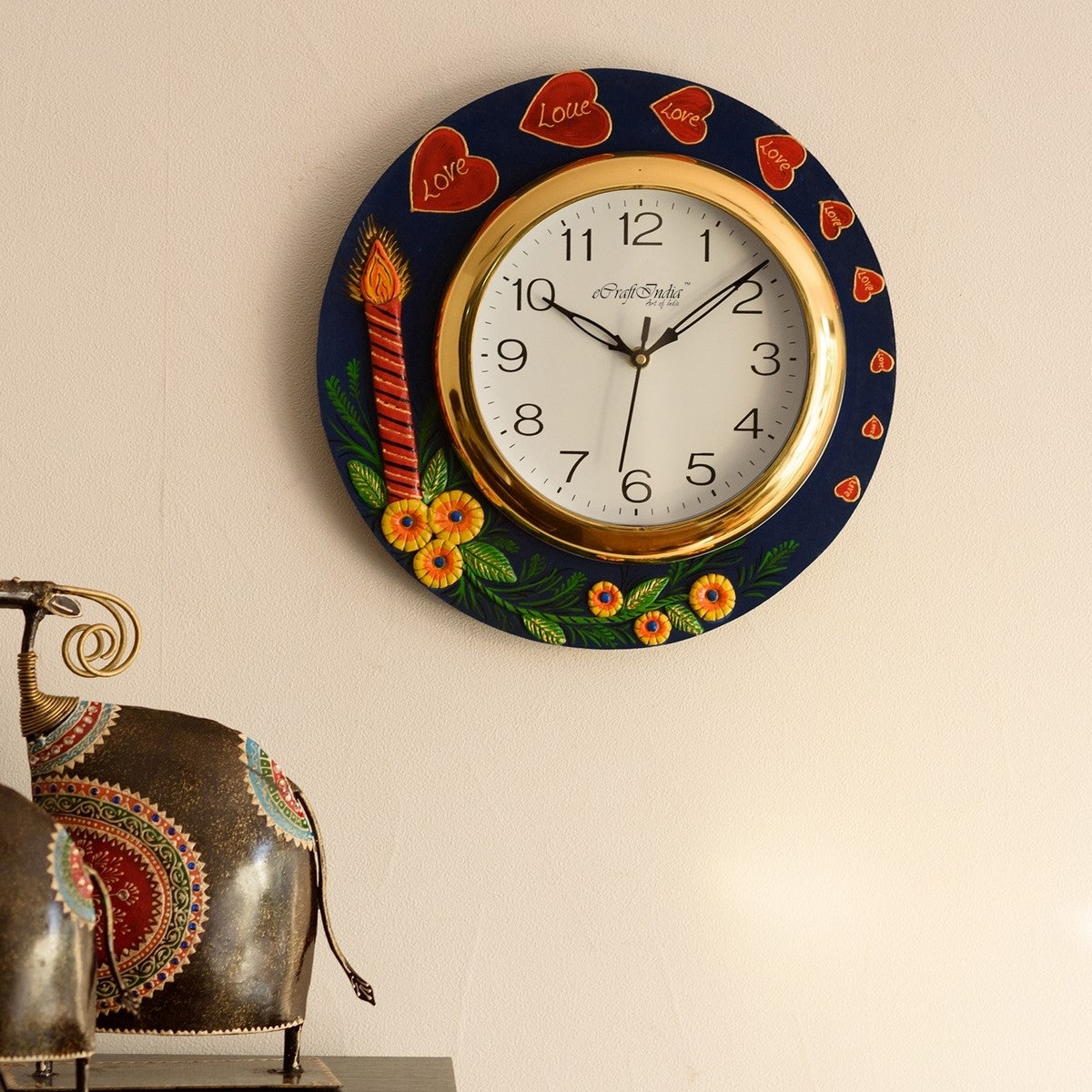 Love Hearts Series with Candle & Flower Embossed Papier-Mache Wooden Handcrafted Wall Clock 1