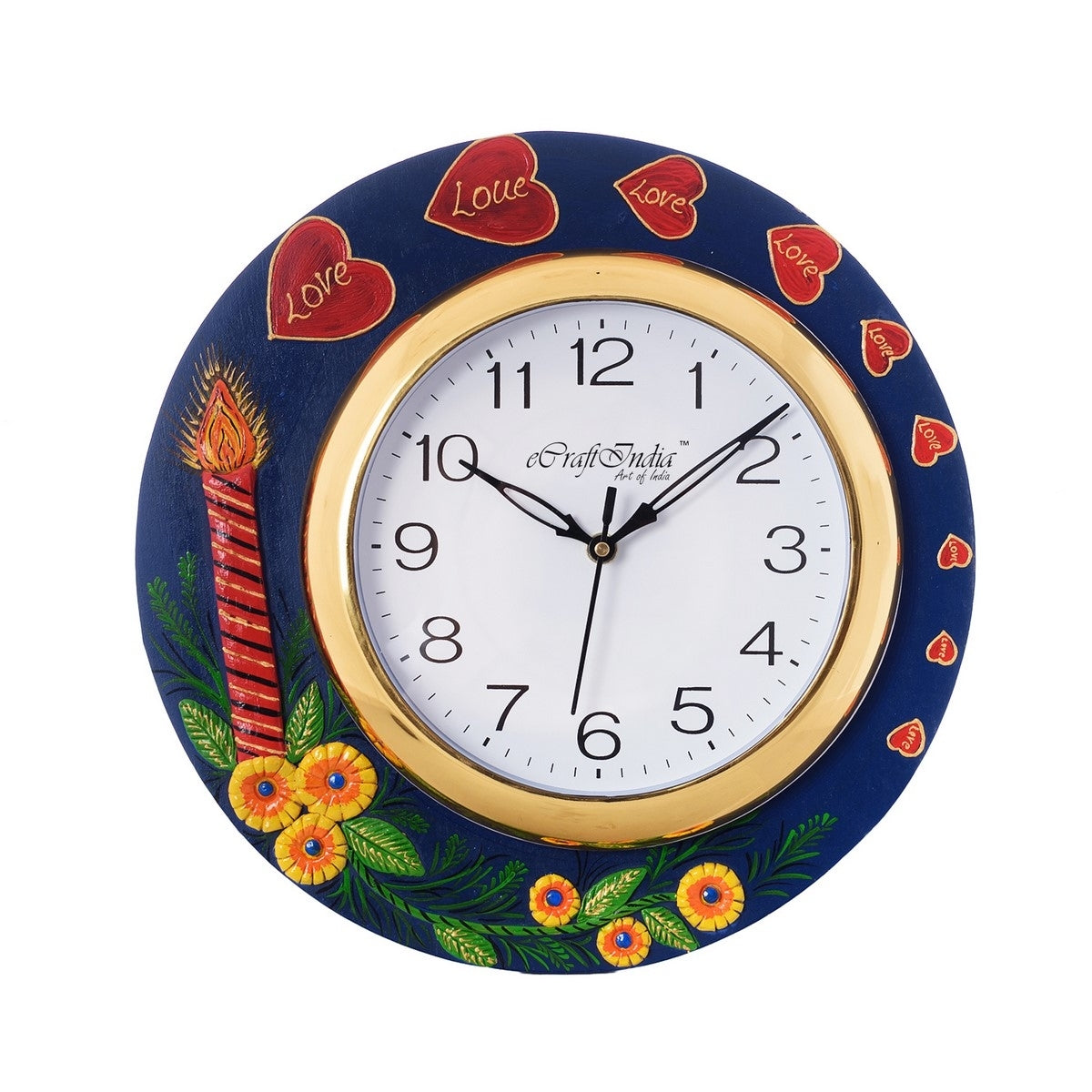Love Hearts Series with Candle & Flower Embossed Papier-Mache Wooden Handcrafted Wall Clock