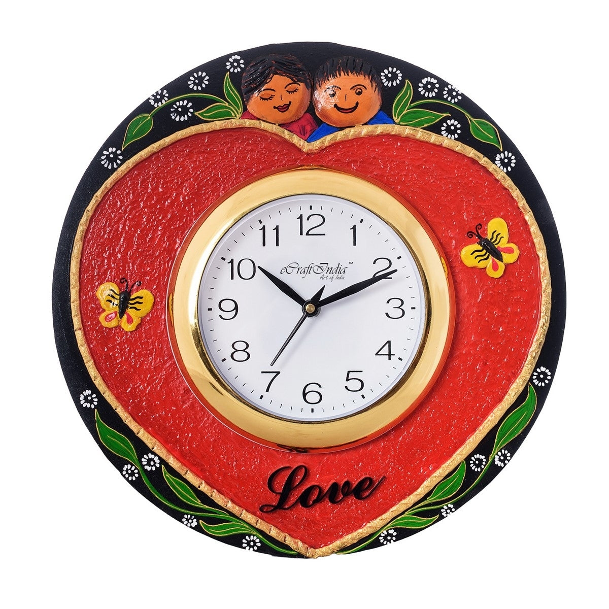 Cute Couple Love Theme Papier-Mache Wooden Handcrafted Wall Clock