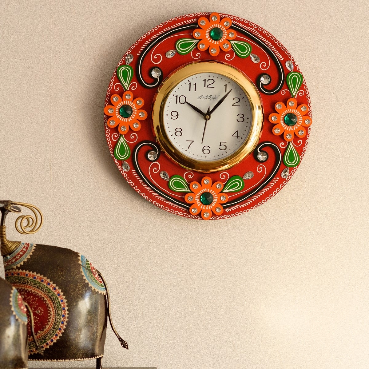 Crystal Studded Floral Papier-Mache Wooden Handcrafted Wall Clock 1
