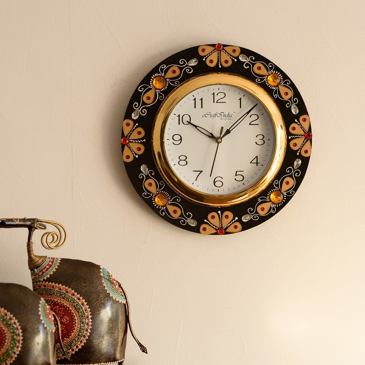 Yellow Crystal Studded Decorative Papier-Mache Wooden Handcrafted Wall Clock 1