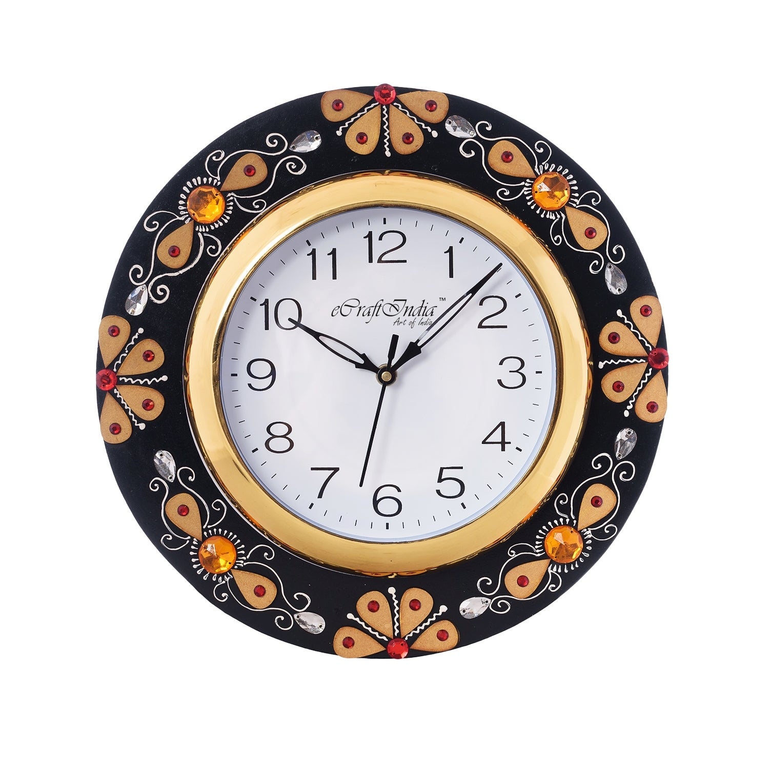 Yellow Crystal Studded Decorative Papier-Mache Wooden Handcrafted Wall Clock