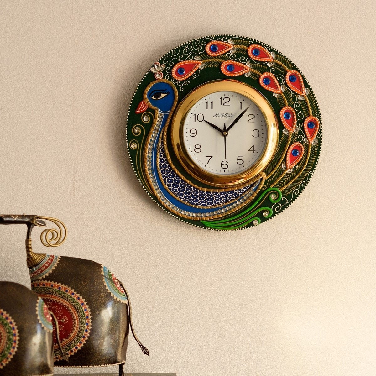 Peacock Design Handicrafted Decorative Papier-Mache Wooden Wall Clock 1