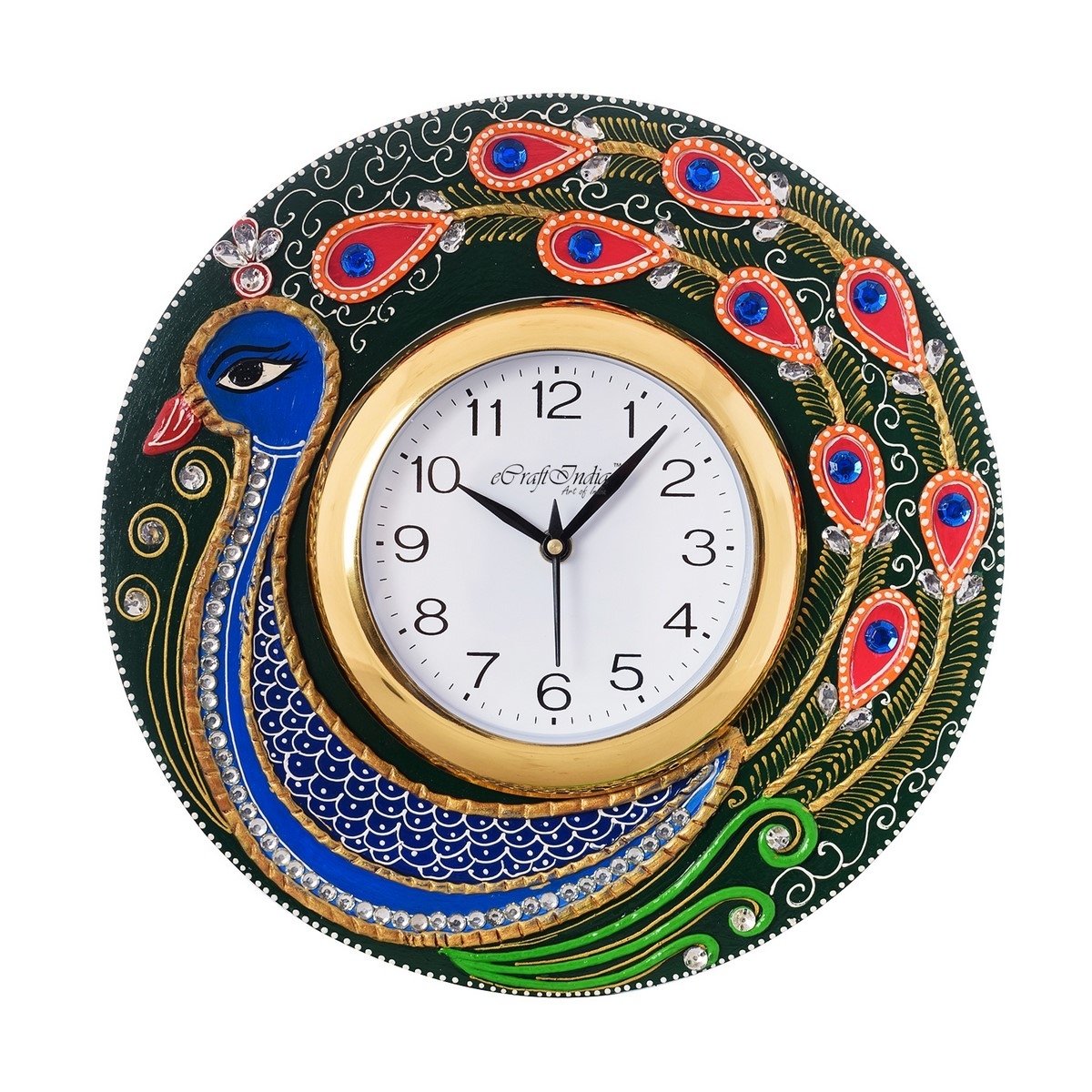 Peacock Design Handicrafted Decorative Papier-Mache Wooden Wall Clock