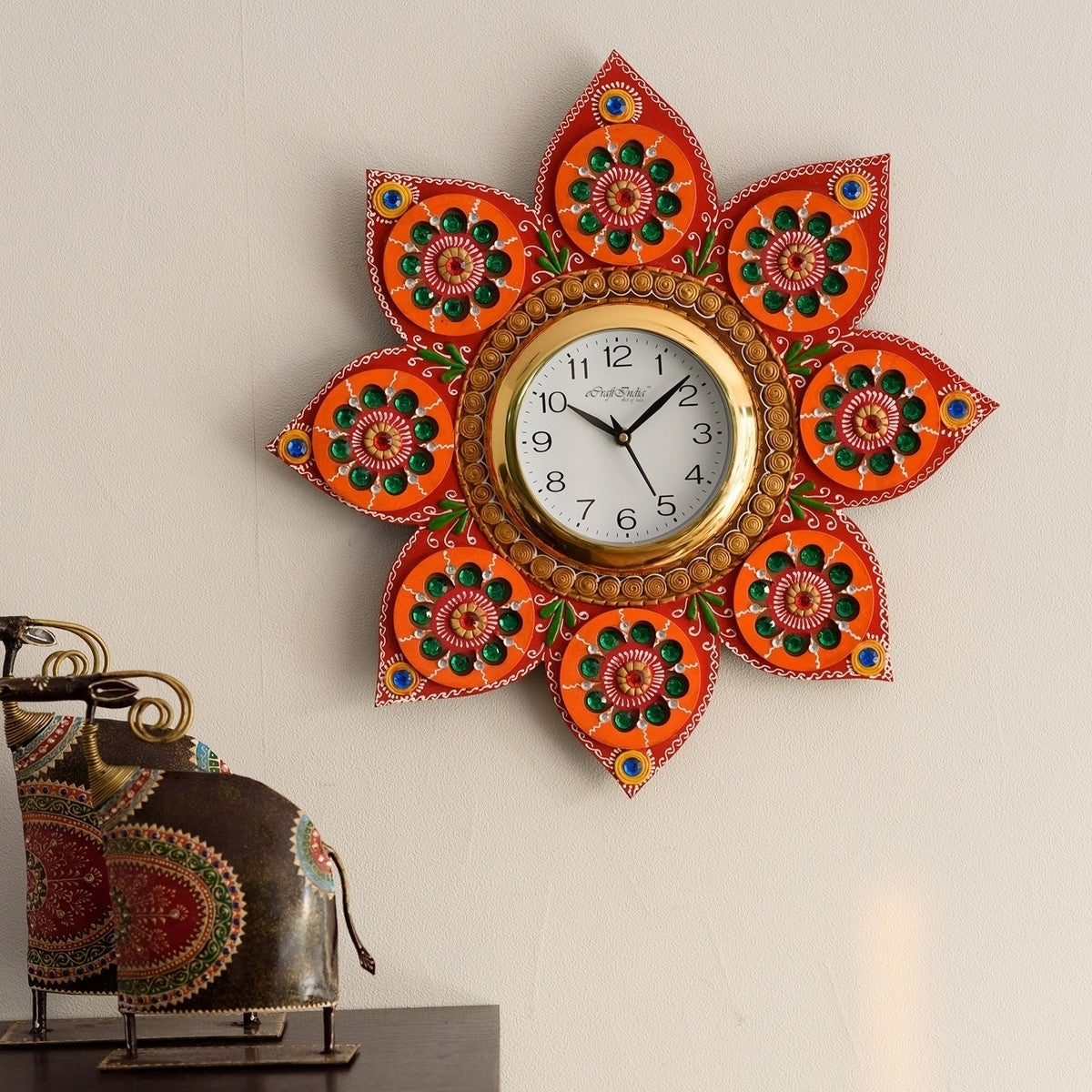 Crystal Studded Flower Shape Papier-Mache Wooden Designer Wall Clock 1