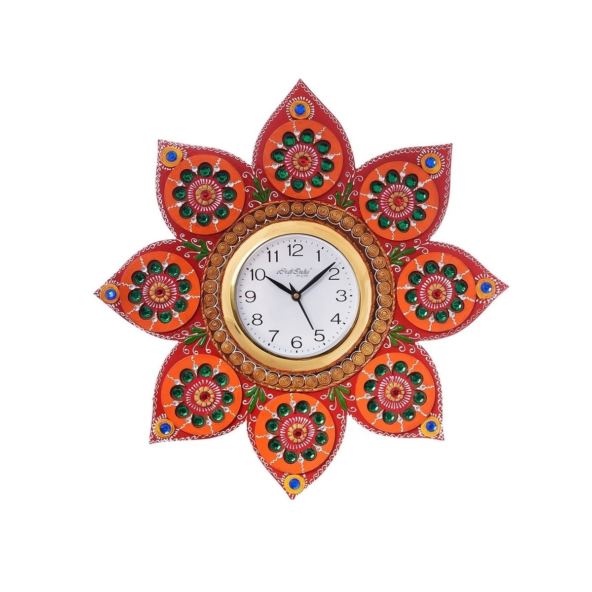Crystal Studded Flower Shape Papier-Mache Wooden Designer Wall Clock